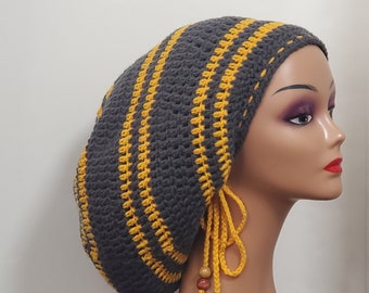 crochet striped dreadlock tam charcoal and saffron one size