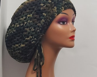 Handmade Camouflage Crochet Dreadlock Tam with drawstring Slouchy Hat