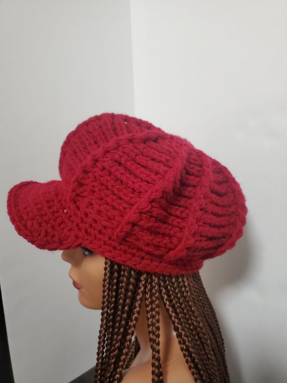 Plush Cozy Comfy burgundy red Faux Fur newsboy crochet Beret hat OS Crochet Newsboy Hat for Women. Burgundy Dark Red or 43  main image 4