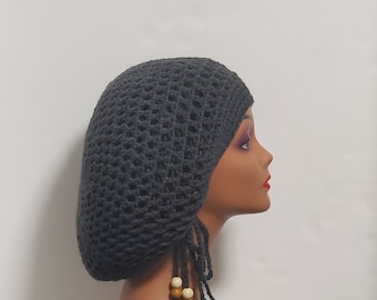 Handmade Charcoal Crochet Dreadlock Tam with drawstring Slouchy Hat
