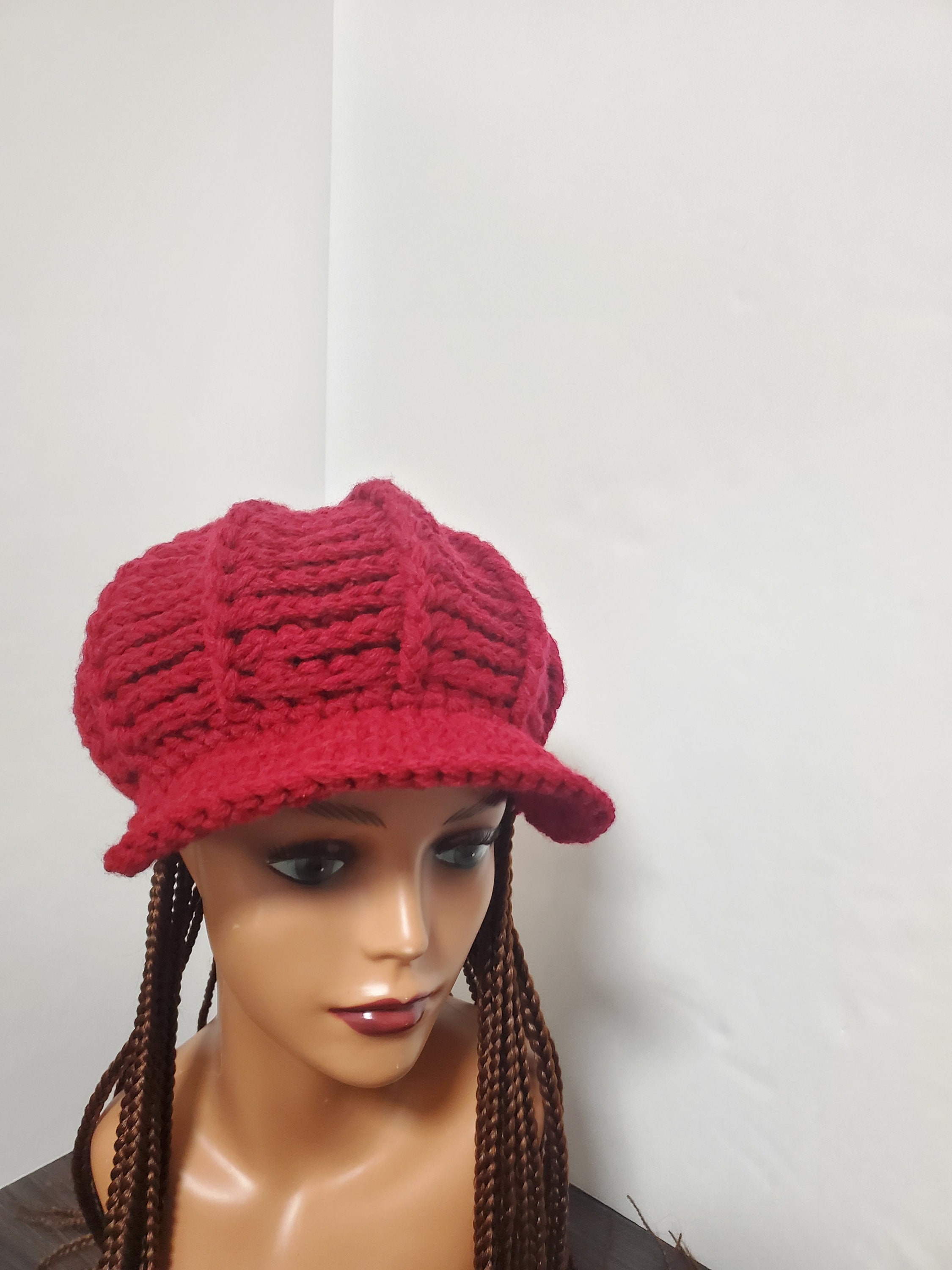 Plush Cozy Comfy burgundy red Faux Fur newsboy crochet Beret hat OS Red Crochet Newsboy Hat: Adjustable, Unisex Boho Brim  main image 2