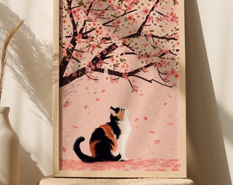 Calico Cat Under Cherry Blossoms - Digital Download, Japanese Cherry Blossom Art Print, Spring Feline Wall Decor, Cute Cat Printable