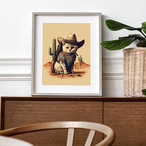Western Cat Sheriff druckbare Kunst, Western-Thema Druck, digitaler Download, Katze Poster, Cowboy Kätzchen Illustration, neutral blau grün braun,