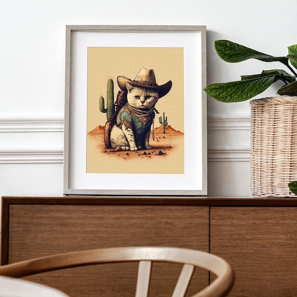 Western Cat Sheriff Printable Art, Western-Themed Print, Digital Download, Cat Poster, Cowboy Kitten Illustration, Neutral Blue Green Brown,