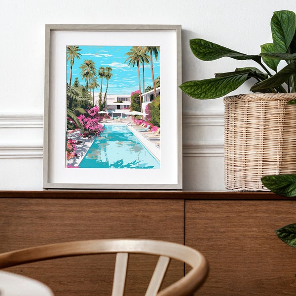 Tranquil Poolside Retreat - Digital Print of Tropical Oasis, Relaxing Home Decor