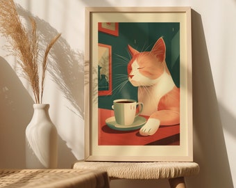 Mid-Century Orange Tabby Cat Enjoying Coffee - Printable Wall Art - Cozy Home Decor - Digital Download - Multiple Sizes