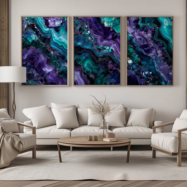 Set of 3 | Abstract Gemstone Art Set | Digital Download | Purple Teal Home Decor Printable - Modern Wall Art - Geode Print