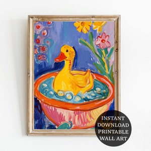 Colorful Rubber Duck Digital Download - Whimsical Nursery Wall Art with Flowers in Blue Background