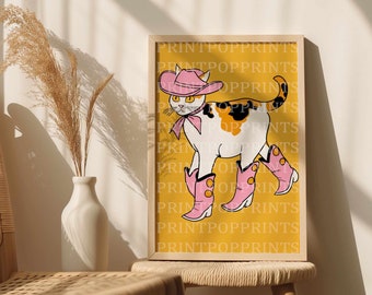 Retro Calico Cat Printable Art in Pink Cowboy Attire - Digital Download - Maximalist Wall Decor, Gallery Wall Accent