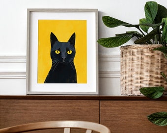 Minimalistische zwarte kat-kunstprint: moderne katachtige poster (digitale download)