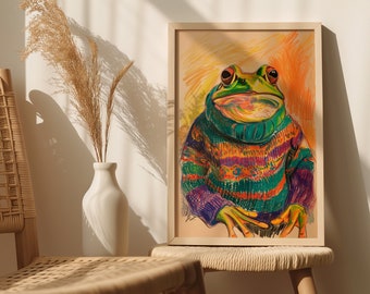 Colorful Sweater Frog - Digital Art Print, Playful Animal Illustration, Instant Download, Multiple Sizes, Toad Color Pencil Drawing