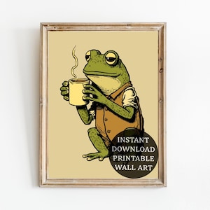 Arte mural de rana retro, arte imprimible digital, póster de los años 70, impresión de café, impresión retro
