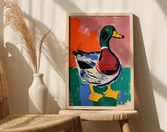 Stampa artistica di un'anatra ispirata a Matisse: decorazione murale modernista colorata (download digitale)