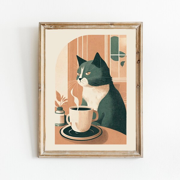 Mid Century Cat Wall Art, Printable Digital Download Artwork, Coffee Print, Minimalist Art, Coffee Poster, Neutral Colors Art Print