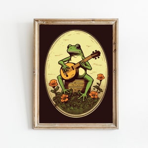 Retro Frog Wall Art, PRINTABLE Digital Download, Music Poster, Trendy Dorm Decor, Frog Poster, Banjo Art, 70s Poster, Vintage Frog Print