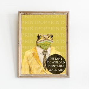 Arte de pared RETRO FROG, arte de pared IMPRIMIBLE, descarga digital, rana en traje amarillo, cartel de los años 70, decoración de dormitorio de moda, lima verde amarilla