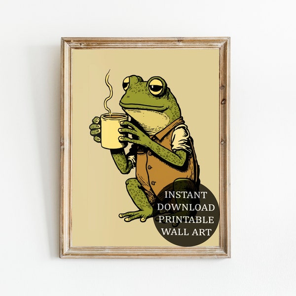 Retro Frog Wall Art, Digital Download Printable Art, 1970s Poster, Coffee Print, Retro Print