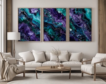 Set of 3 | Abstract Gemstone Art Set | Digital Download | Purple Teal Home Decor Printable - Modern Wall Art - Geode Print