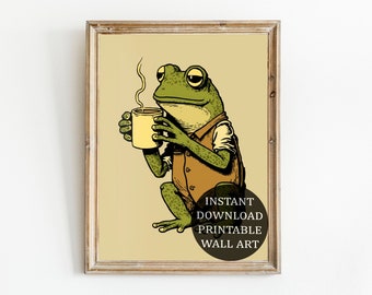 Retro Frog Wall Art, Digital Download Printable Art, 1970s Poster, Coffee Print, Retro Print