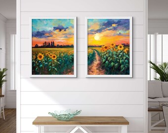 SUNFLOWER Print, Sunflower Wall Art, Set of 2 Prints, PRINTABLE Wall Art, Oil Painting Print, Digital Download, Vintage Oil Painting