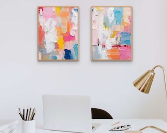Abstract Paint Stroke Wall Art Set of 2, Digital Art, Digital Download, Printable Wall Art, Colorful Wall Art Set, Pink Orange Blue, Minimal