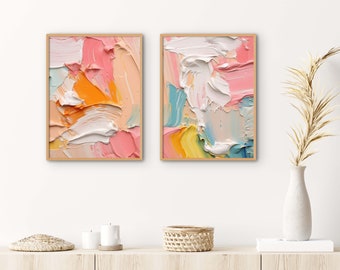 ABSTRACT Wall Art Set of 2 Print, PRINTABLE Wall Art, Colorful PASTEL Art Print, Pink Orange Blue Peach Yellow, Paint Swatch Painting, Boho