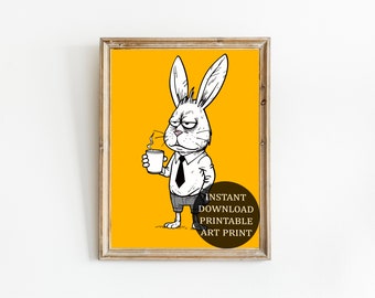 Grumpy Office Bunny - Coffee Lover's Art Print, Quirky Home Office Decor, Printable Wall Art, Digital Download