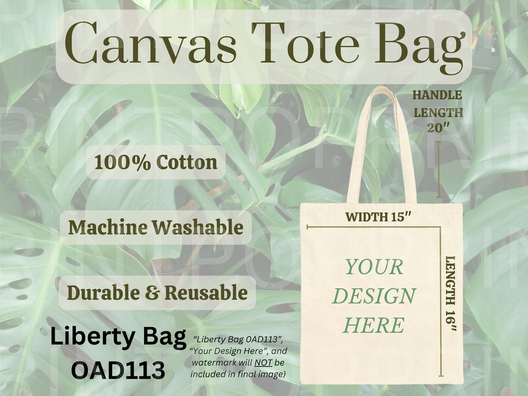 Canvas Tote Bag Size Chart, Liberty Bags OAD113 , Printify Tote Bag ...