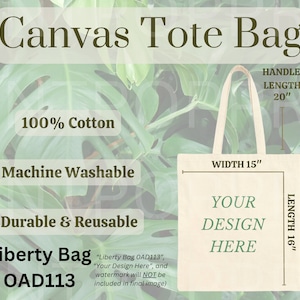 Canvas Tote Bag Size Chart, Liberty Bags OAD113 , Printify Tote Bag Size Guide Mockup