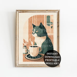 Mid Century Cat Wall Art, Printable Digital Download Artwork, Coffee Print, Minimalist Art, Coffee Poster, Neutral Colors Art Print