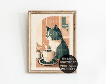 Mid Century Cat Wall Art, Printable Digital Download Artwork, Coffee Print, Minimalist Art, Coffee Poster, Neutral Colors Art Print