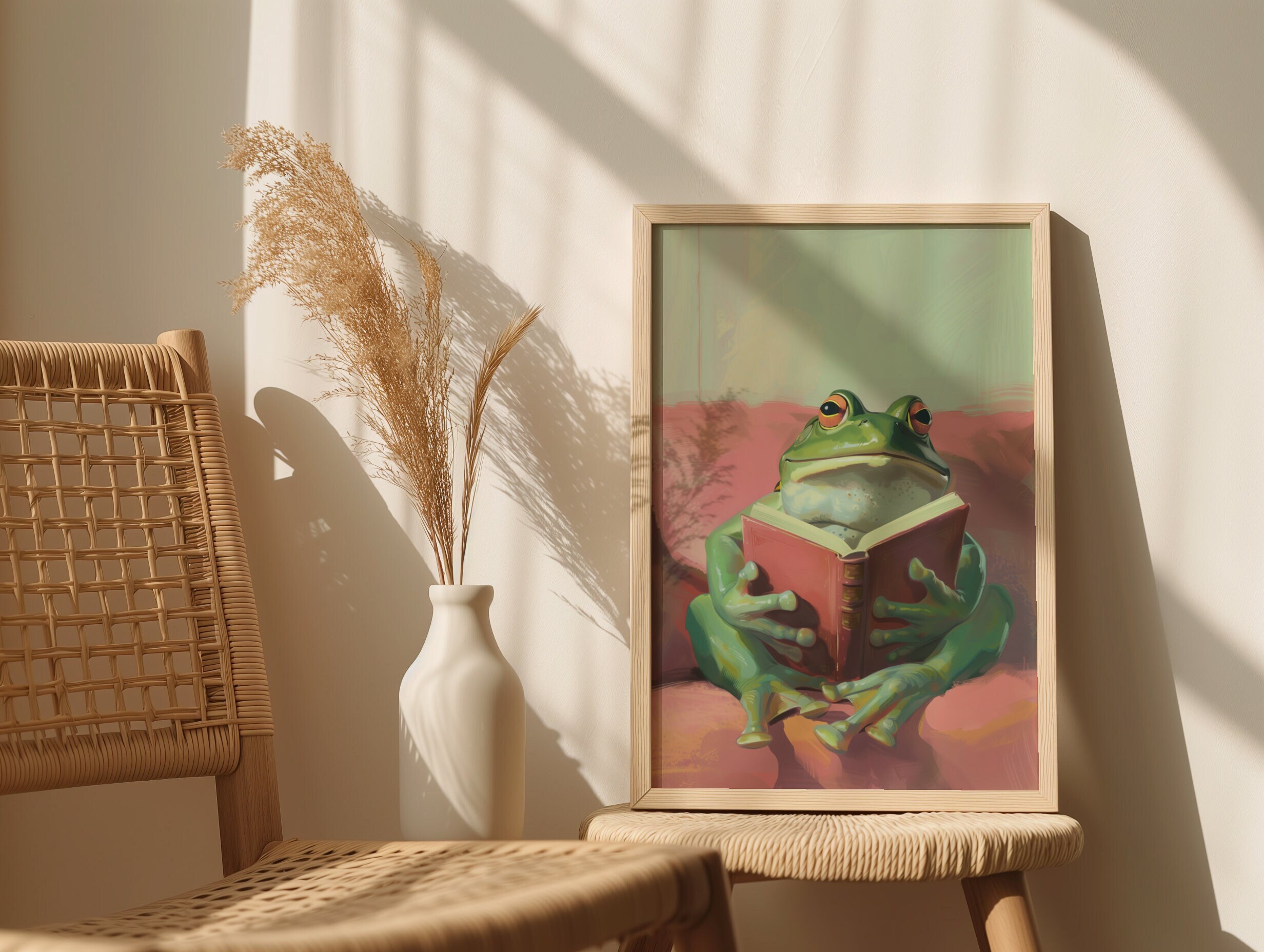 Reading Frog - Retro Style Digital Art Print, Intellectual Animal Illustration, Whimsical Bookworm Frog Decor, Vintage-Inspired Frog Poster