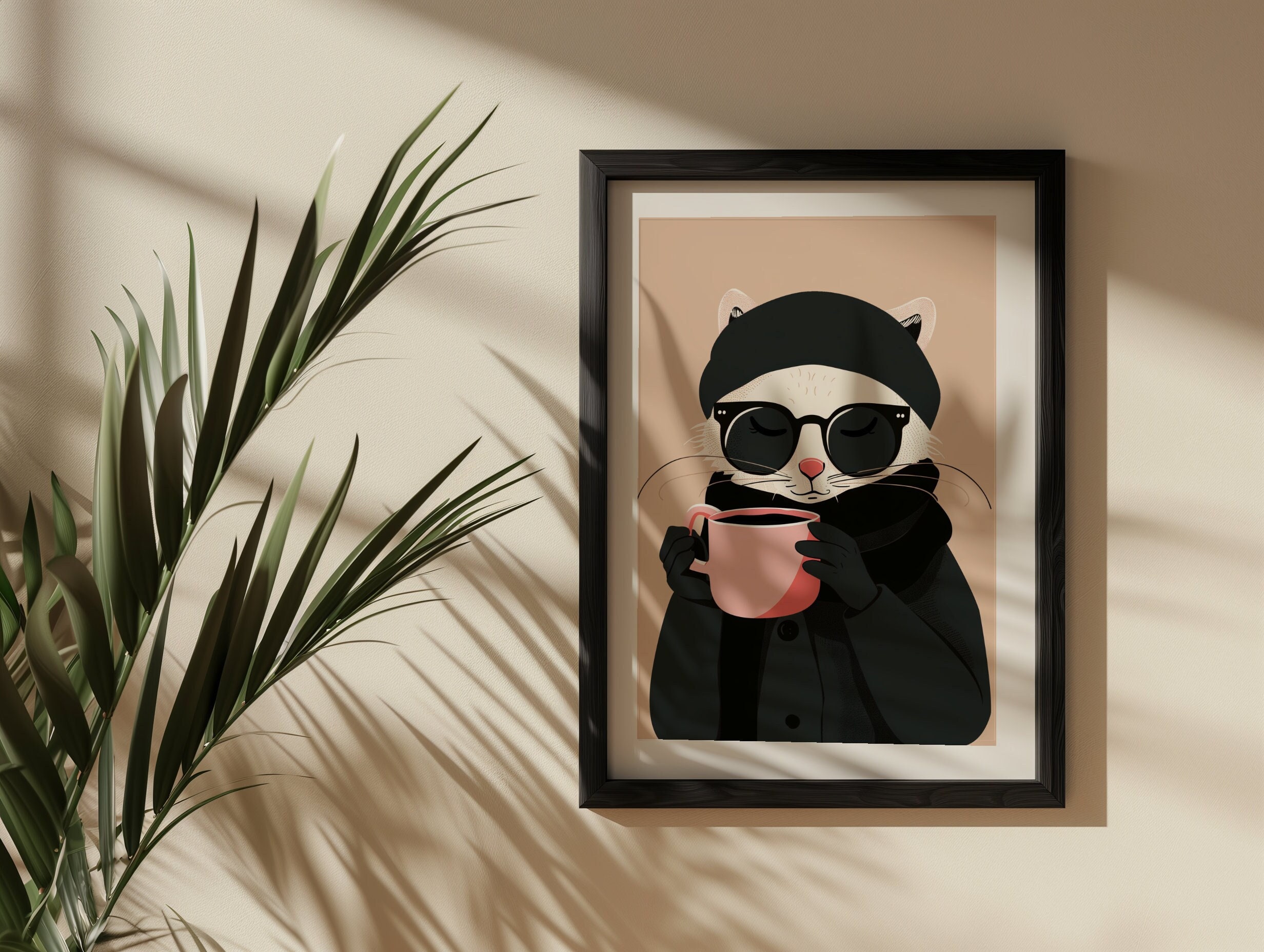 Whimsical Cat with Coffee Digital Print - Chic Feline Artwork - Modern Wall Decor - Printable Home Illustration - Instant Download