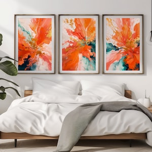Abstract Swirl Digital Art Set of 3 - Instant Download, Orange and Teal Home Decor, Printable Wall Art with Gold Flecks