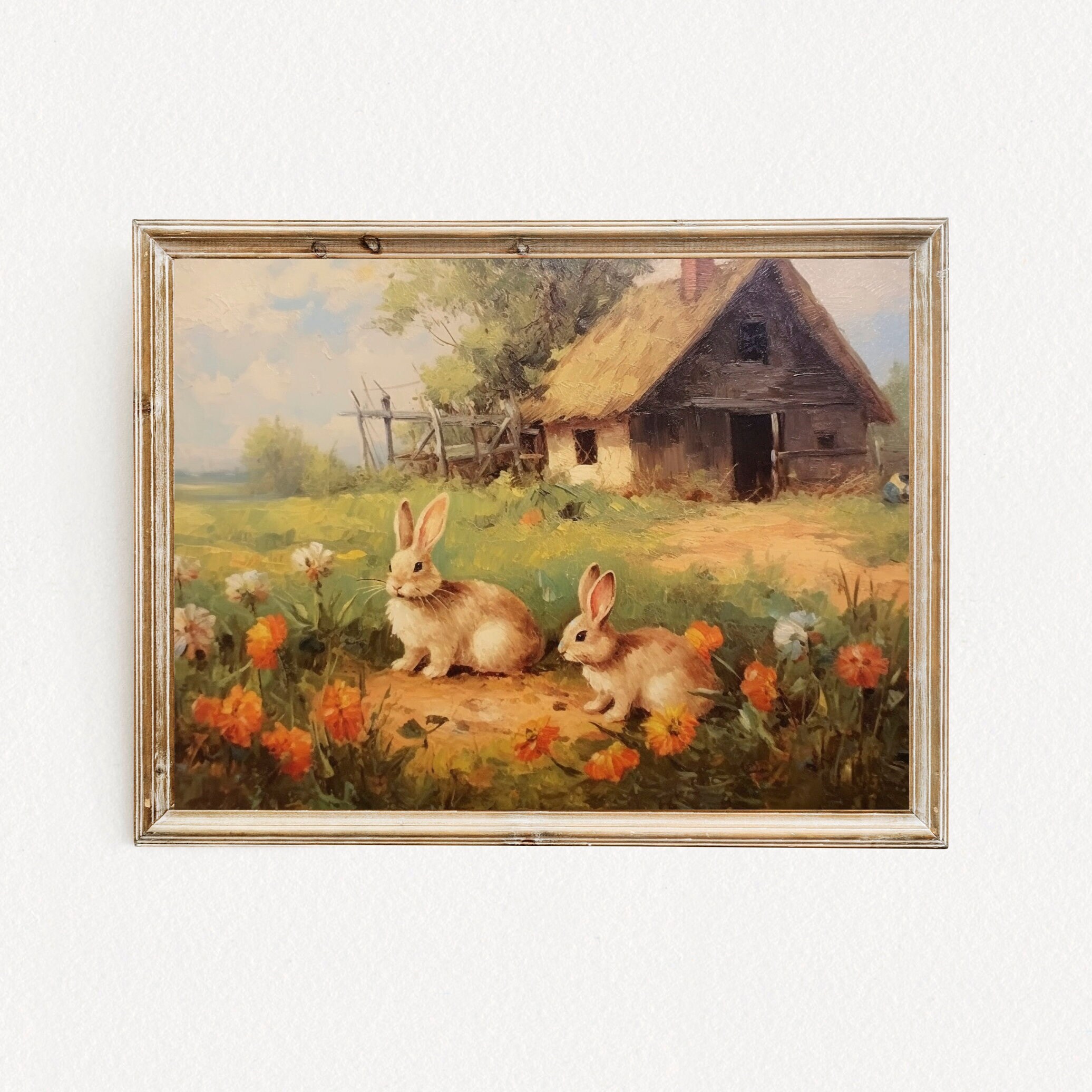 Rustic Cabin & Rabbits Digital Printable Artwork, Pastoral Countryside ...