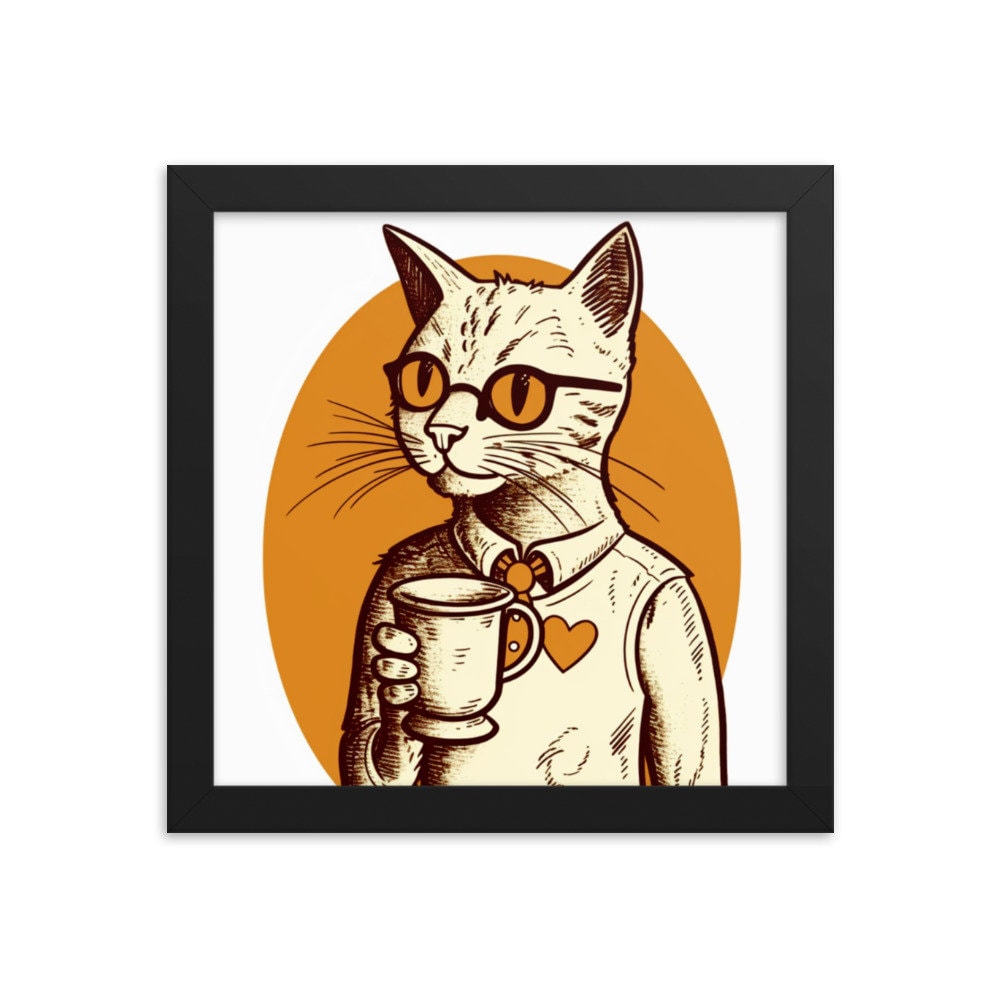 FRAMED Cat Wall Art Funny Cat Poster Coffee Print Retro Etsy