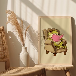 Lesen Retro Frosch druckbare Kunst - gemütlicher Sessel Buch Liebhaber digitaler Download - Hausbibliothek Wand Dekor