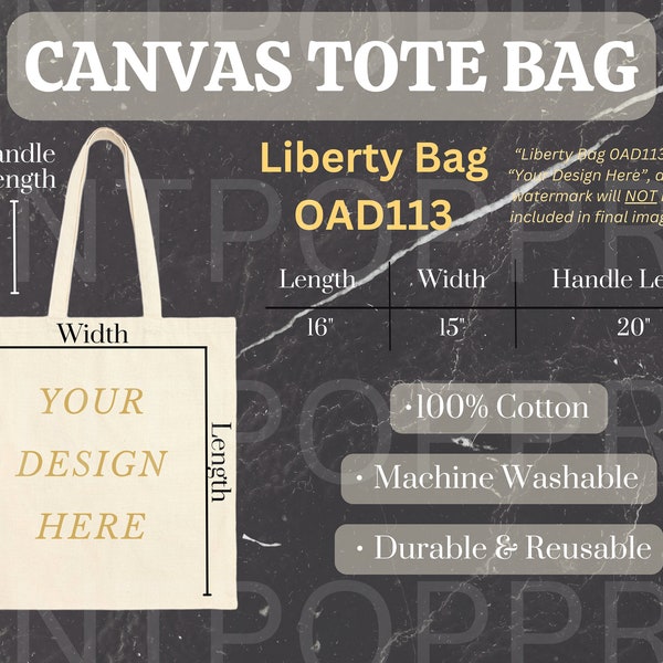 Canvas Tote Bag Size Chart, Liberty Bags OAD113 , Printify Tote Bag Size Guide Mockup