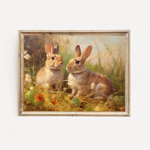 Cute Bunnies Oil Painting Digital Print - Charming Rabbit Field Flowers Artwork - Printable Nature Wall Art