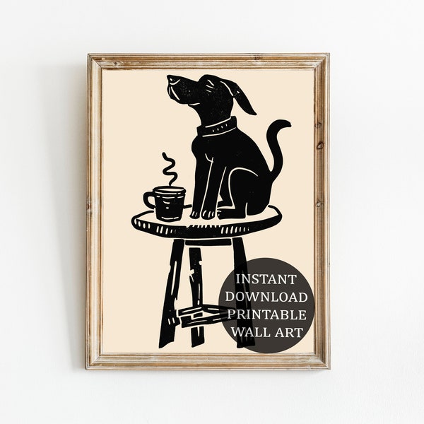 Whimsical Dog Coffee Art Print - Minimalist Black and Beige Digital Download - Printable Wall Art