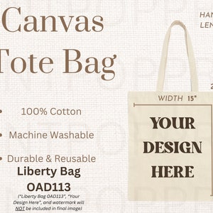 Liberty Tote Bag OAD113 Tabela de tamanhos digitais - Maquete de bolsa de lona para POD, guia de tamanhos abrangente