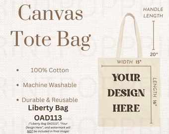 Puede incluir: Una bolsa de lona blanca con texto negro que dice "Your Design Here" y medidas de 15 pulgadas de ancho por 16 pulgadas de largo y 20 pulgadas para la longitud del asa. La bolsa está hecha de 100% algodón y es lavable a máquina.