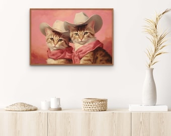 COWBOY CAT Print, Cat Art, PRINTABLE Art, Trendy Wall Art, Preppy Room Decor, Oil Painting Print, Pink Poster, Boho Decor, Western Decor