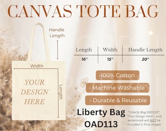 May include: A canvas tote bag with the text "Canvas Tote Bag" at the top. The bag is 16 inches long, 15 inches wide, and has a 20-inch handle. It is made of 100% cotton, machine washable, durable, and reusable.