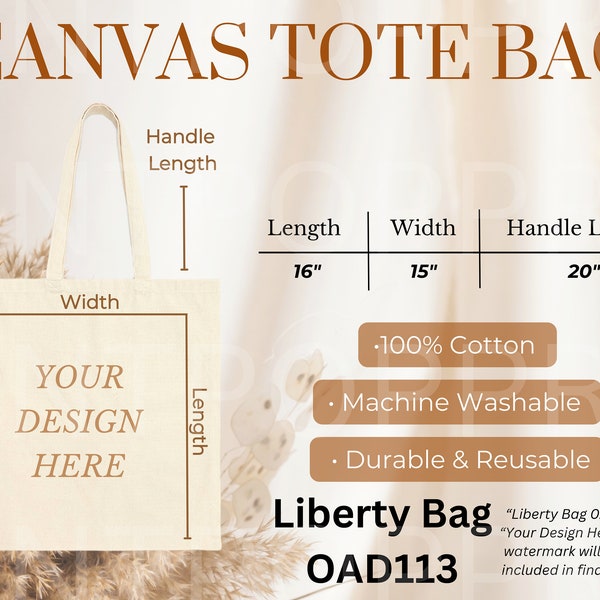 Liberty Bag OAD113 Size Chart, Canvas Tote Bag, Printify Tote Bag Size Guide Mockup