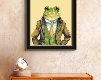Elegant Frog in Suit Digital Art Print - Printable Whimsical Animal Illustration - Home Office Wall Decor - Instant Download