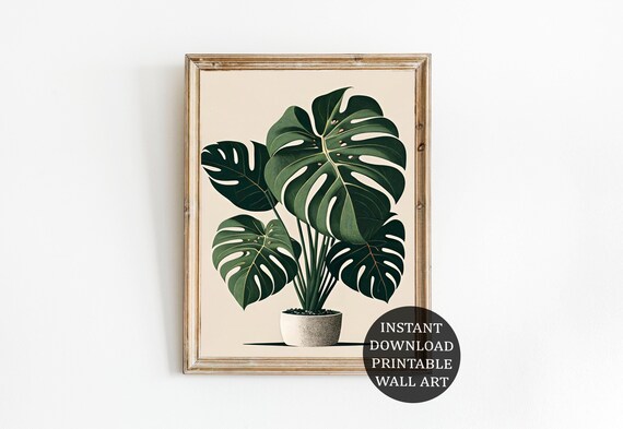 Printable Monstera Plant Art, Minimalist Tropical Decor, Digital Wall Art Download