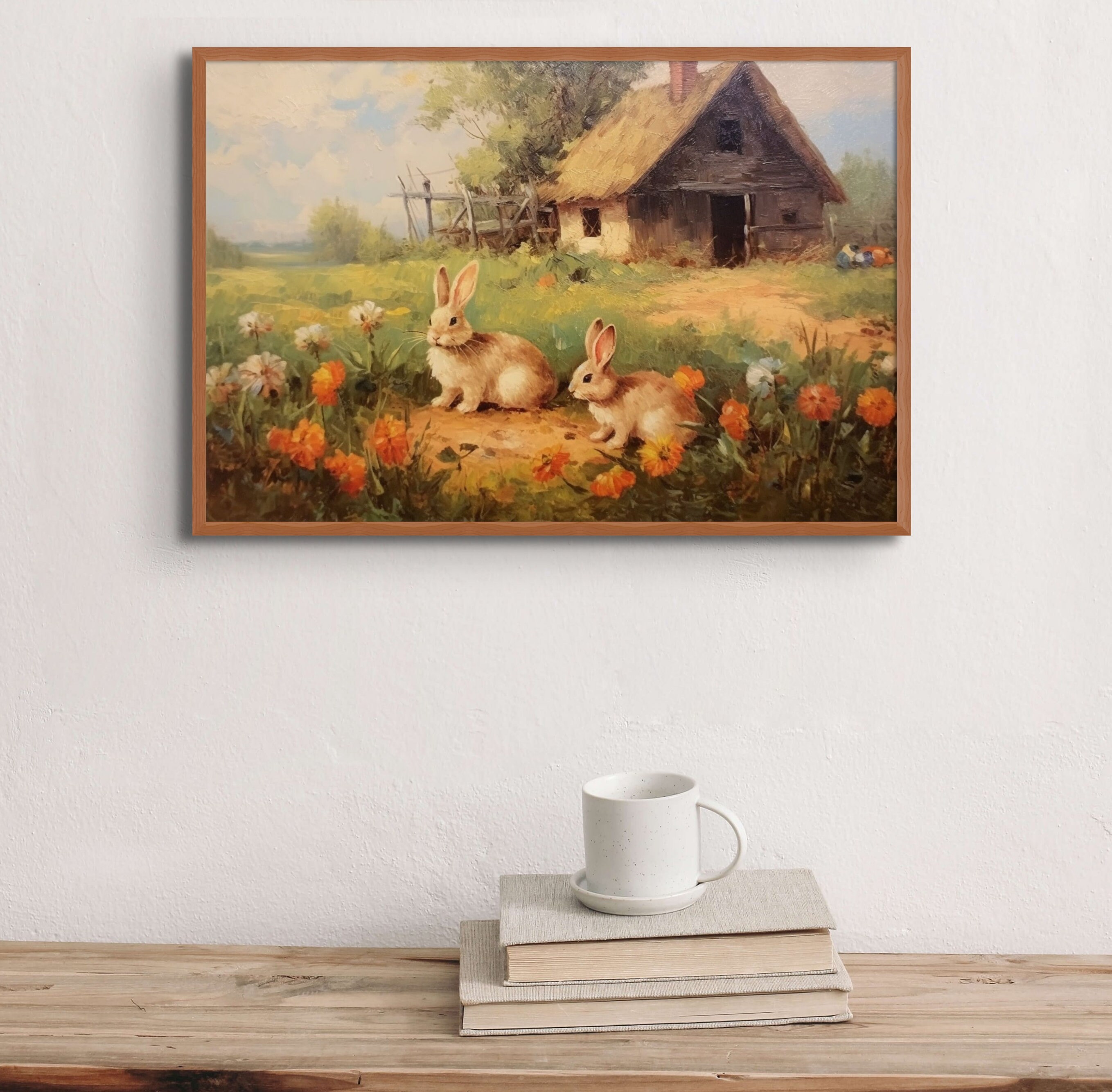 Rustic Cabin & Rabbits Digital Printable Artwork, Pastoral Countryside ...