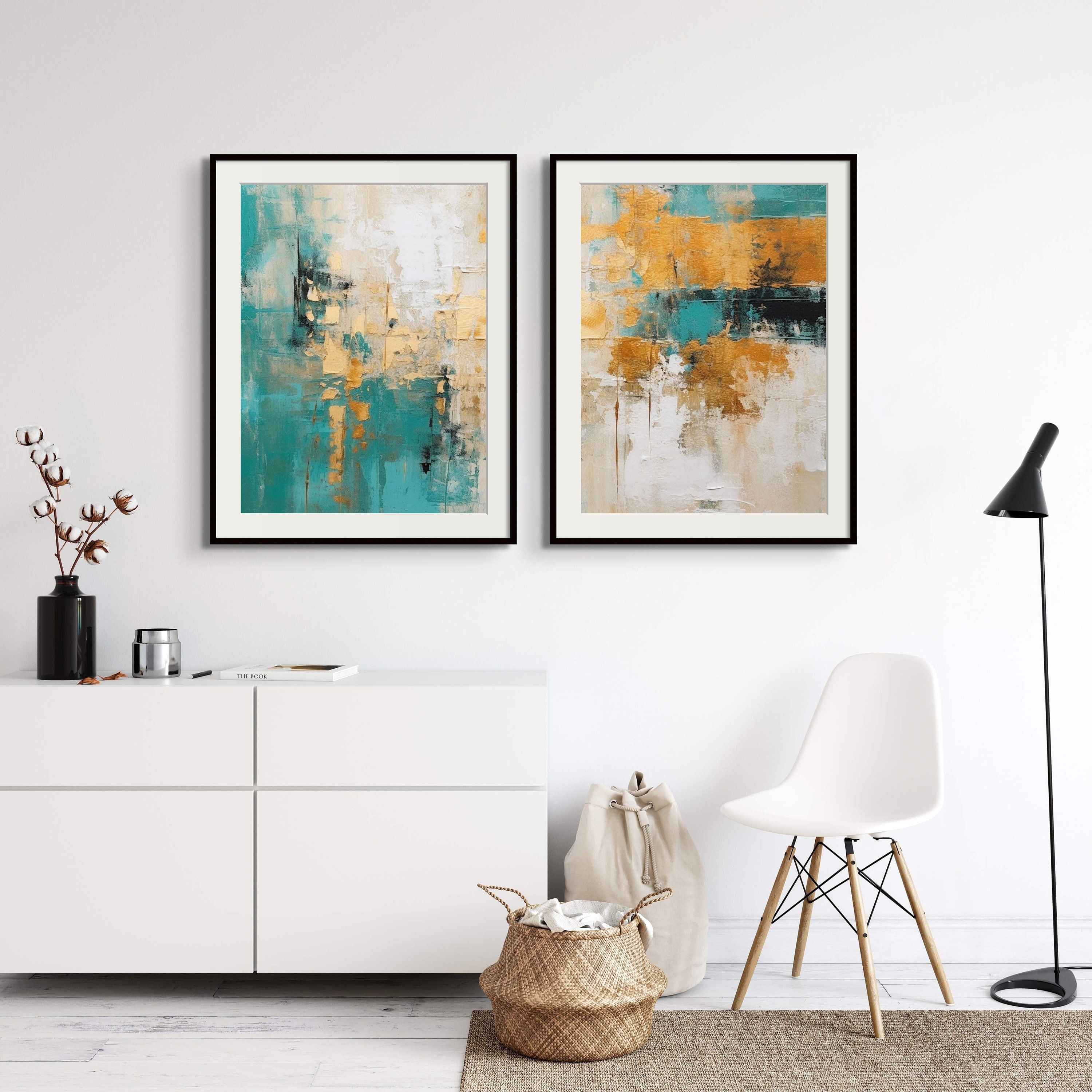 Teal and Gold Abstract Wall Art Set of 2, Digital Download, Printable Wall Art, Room Decor Aesthetic Minimalist Wall Art, Abstract Print