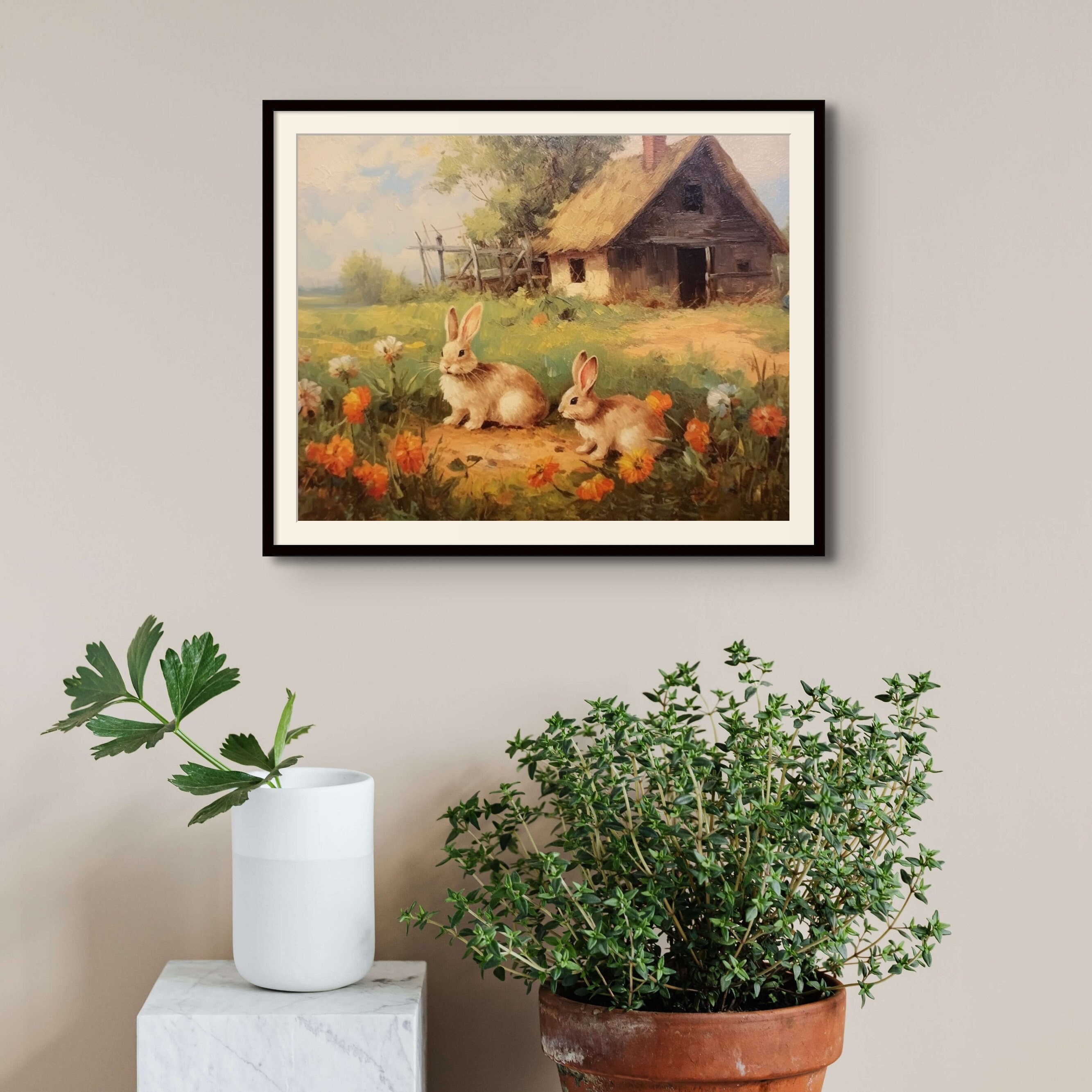 Rustic Cabin & Rabbits Digital Printable Artwork, Pastoral Countryside ...